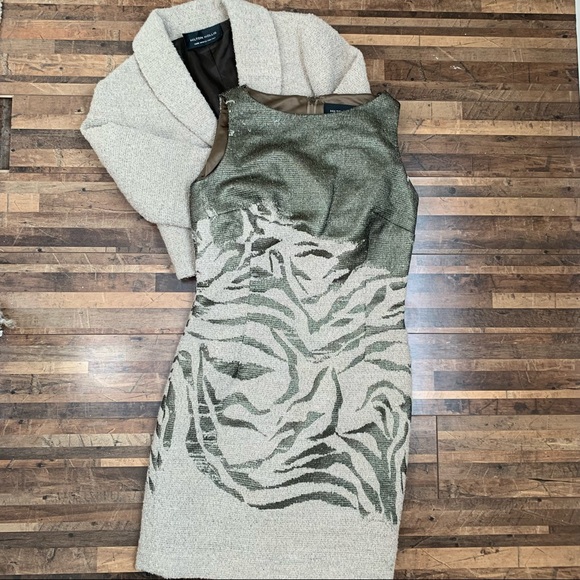 Hilton Hollis 2 Piece Wool Blend Animal Print Dress Suit Beige Green Sz 0 - Picture 15 of 16